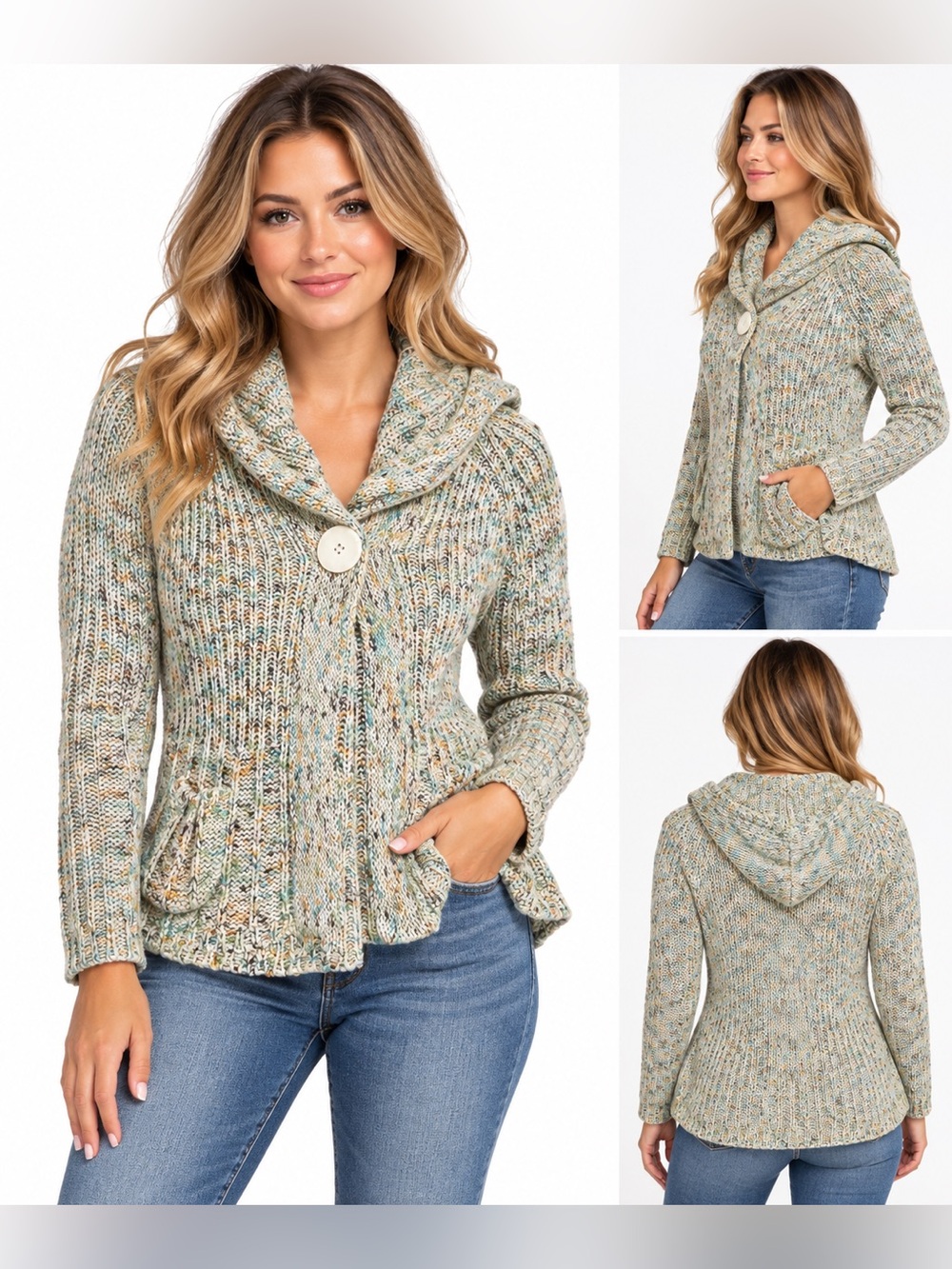 Vintage BCBG Women’s Chunky Marled Knit Hooded Cardigan Sweater Size Large